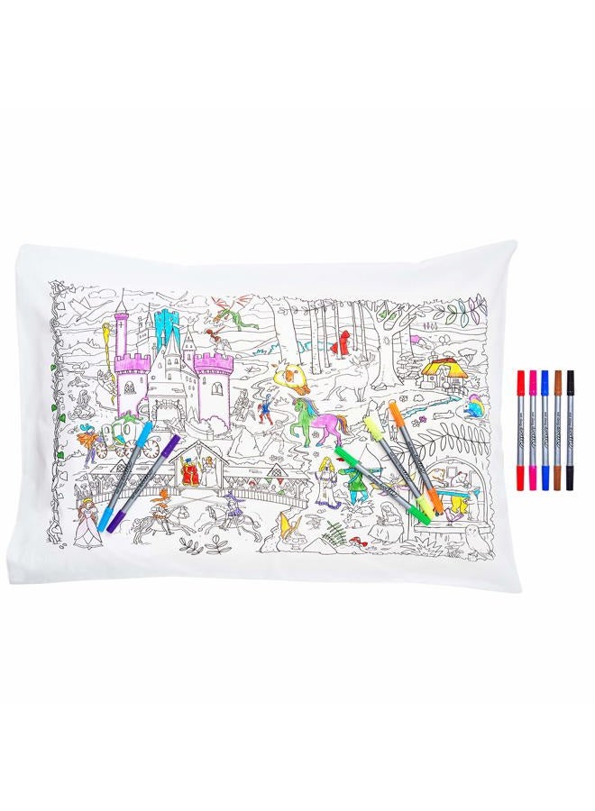 eatsleepdoodle Fairytales & Legends Educational Pure Cotton Soft Pillowcase - Color Your Own Pillow Case with Unicorns, Dragons, Princesses and More to Personalize, Washable Fabric Markers Included - Image 1