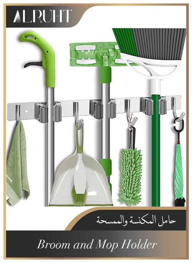 الروهيت حامل مكنسة وممسحة، منظم مكنسة من الفولاذ المقاوم للصدأ، مثبت على الحائط 3 رفوف و4 خطافات، شماعة تنظيم تخزين شديدة التحمل للحمام وخزانة المطبخ والحديقة  - Image 1