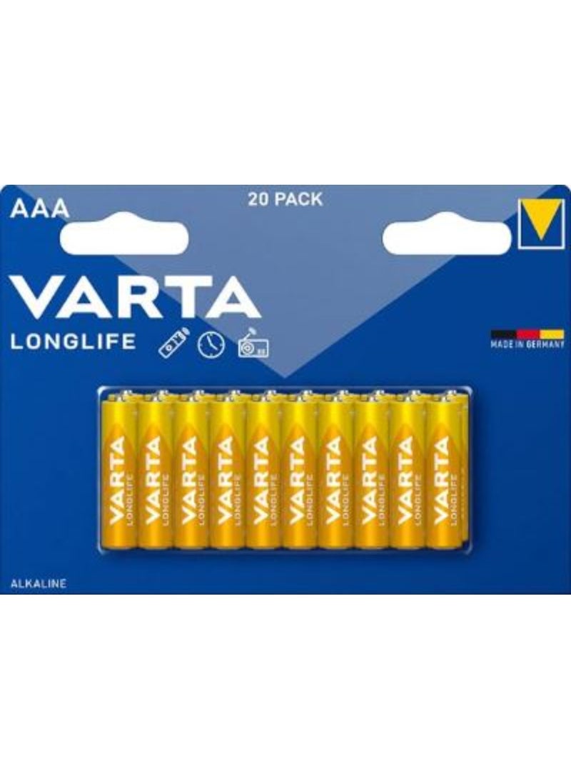 20 Pieces VARTA Longlife AAA Alkaline Battery High performance, Long-lasting Batteries for Everyday Devices - Ideal for Remote Controls, Toys, Flashlights,