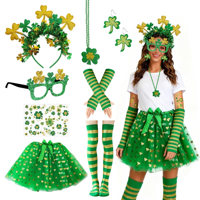 Auch St. Patrickâ€™s Day Green Costume Accessories Set for Women, Irish Shamrock Outfit with Tutu Skirt, Headband, Glasses, Earrings, Necklace, Arm Sleeves, Long Socks and Glitter Temporary Tattoos - Image 1
