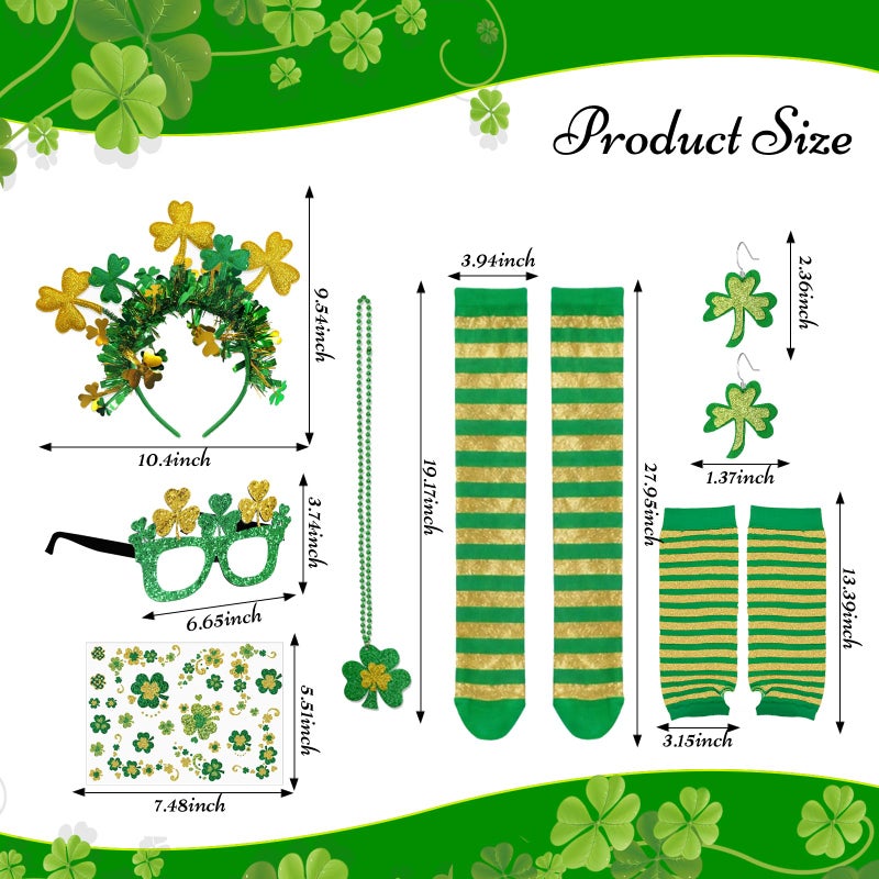 Auch St. Patrickâ€™s Day Green Costume Accessories Set for Women, Irish Shamrock Outfit with Tutu Skirt, Headband, Glasses, Earrings, Necklace, Arm Sleeves, Long Socks and Glitter Temporary Tattoos - Image 2