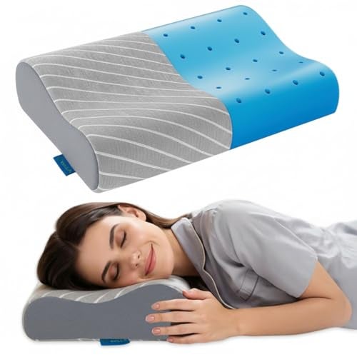 9villa Memory Foam Cervical Contour Neck Pillow | 2 Years Warranty | Pain Relief Sleep, Improves Posture Spinal Alignment, Neck Pain Relief | Grey Knitted Cover - Image 1