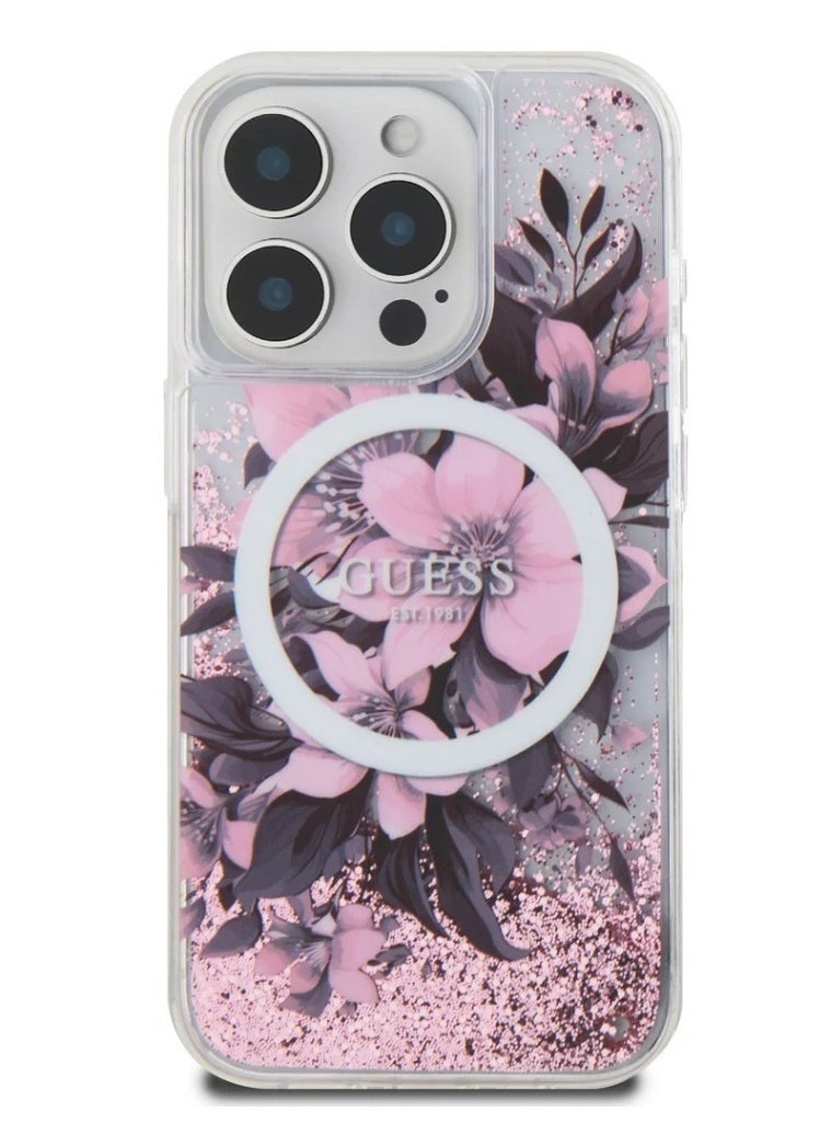 Guess MagSafe Resin Case with Flowers & Glitter Pattern for iPhone 16 Pro Max - Pink - Image 1