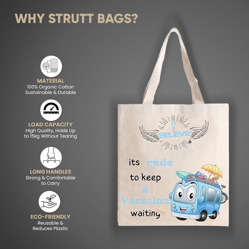 STRUTT Foldable Canvas Tote Bag for Women, Tote Bag for College Girls,100% Organic Cotton Reusable Shopping Bag for Grocery, Eco-Friendly Multi-Purpose Bag for Travel & Daily Use - in Vacations - Image 2