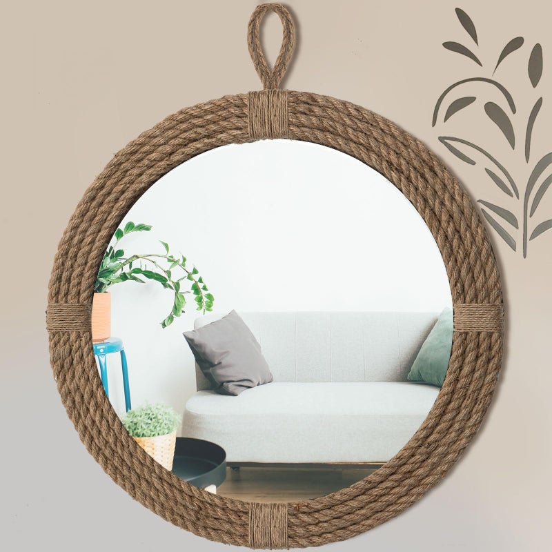 Vercraft Nautical Mirror 24 Wall Decor with Rope Wrapped Trim and Hanging Loop Round Circle Coastal Boho Mirror Nautical Rustic Decorative for The Living Room Bedroom Bathroom and Entryway - Image 2