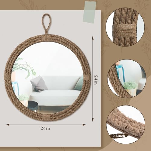 Vercraft Nautical Mirror 24 Wall Decor with Rope Wrapped Trim and Hanging Loop Round Circle Coastal Boho Mirror Nautical Rustic Decorative for The Living Room Bedroom Bathroom and Entryway - Image 3