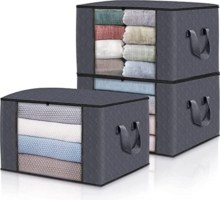 3-Pack Clothes Storage,Foldable Blanket Storage Bags,Storage Containers for Organizing, Clothing, Bedroom, Comforter, Closet, Dorm, Sweater, Quilts, Organizer, Grey