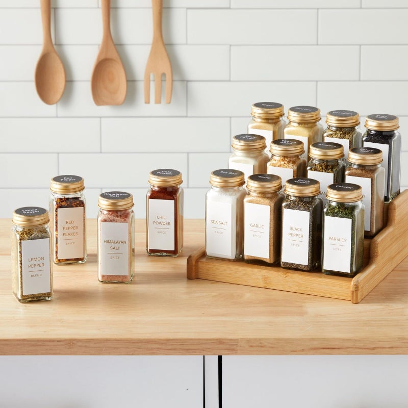 Talented Kitchen 24 Pack Glass Spice Jars with 284 Preprinted Label Stickers in 2 Styles, 4 oz Empty Square Seasoning Jars with Shaker Lids & Gold Metal Caps - Image 2