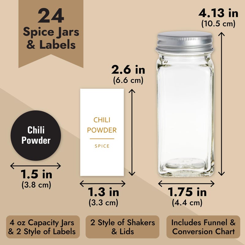Talented Kitchen 24 Pack Glass Spice Jars with 284 Preprinted Label Stickers in 2 Styles, 4 oz Empty Square Seasoning Jars with Shaker Lids & Gold Metal Caps - Image 4