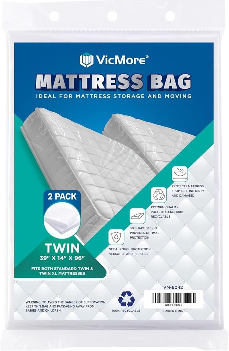 VICMORE 2 Pack Twin Mattress Bags for Moving, Storage & Disposal – Clear Heavy-Duty Plastic Covers, Tear-Resistant & Dustproof, Recyclable - Image 1