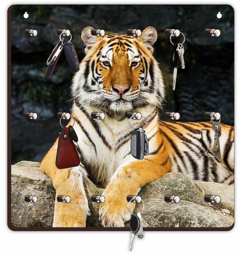 CVANU Tiger Printed Wooden Keychain Holder Simple Design with 18 Knobs Hooks for Home, Office, Hotel Wall Decoration & Arrange Keys Wall Mounted Key Holder Size(30cm X 30cm)_cv55 - Image 2