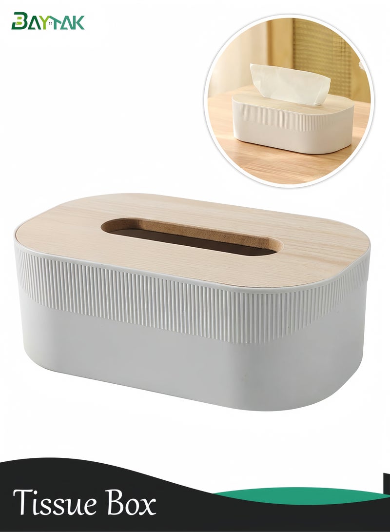 Baytak Tissue Box, Plastic Tissue Box Cover with Wooden Lid, Nordic Style Desktop Napkin Box for Living Room & Bathroom, Square Tissue Dispenser (White & Natural Wood) - Image 1