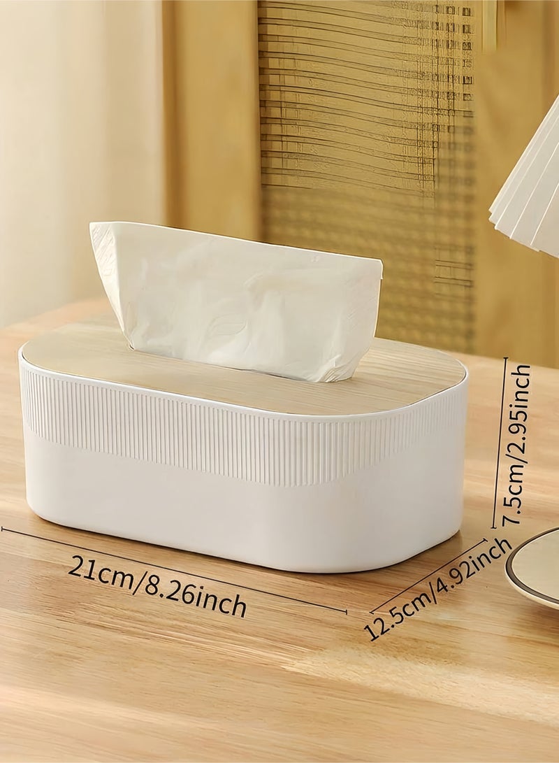 Baytak Tissue Box, Plastic Tissue Box Cover with Wooden Lid, Nordic Style Desktop Napkin Box for Living Room & Bathroom, Square Tissue Dispenser (White & Natural Wood) - Image 2
