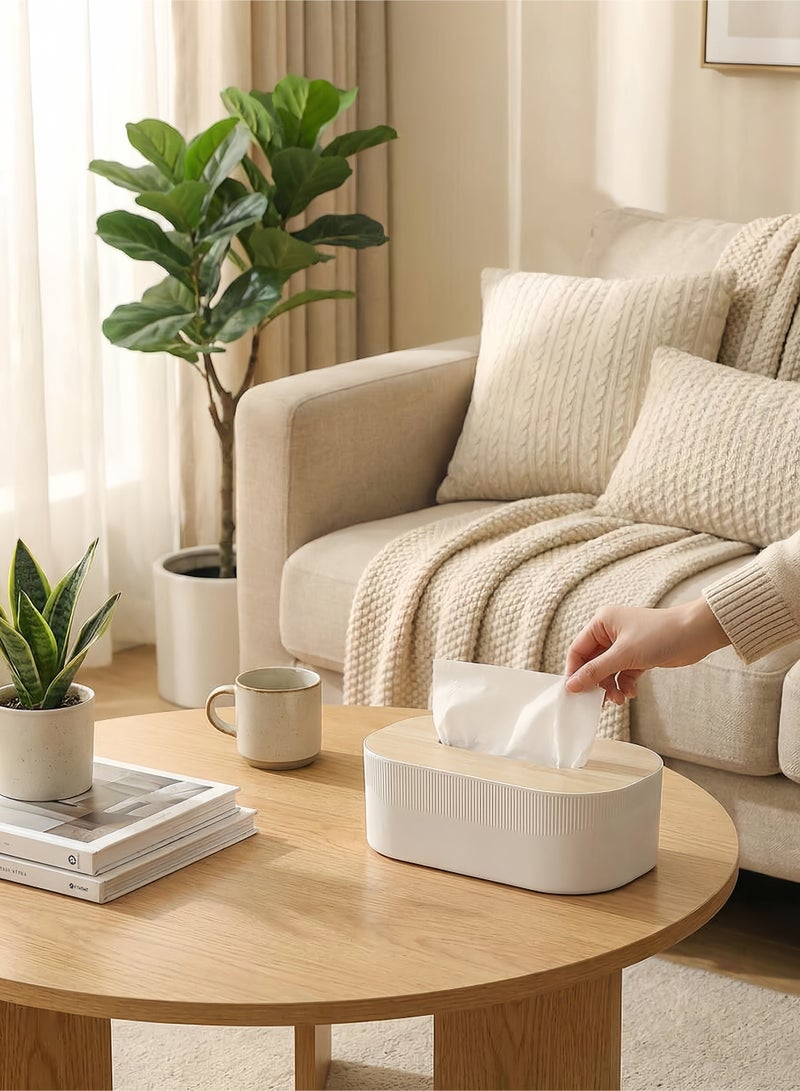 Baytak Tissue Box, Plastic Tissue Box Cover with Wooden Lid, Nordic Style Desktop Napkin Box for Living Room & Bathroom, Square Tissue Dispenser (White & Natural Wood) - Image 5