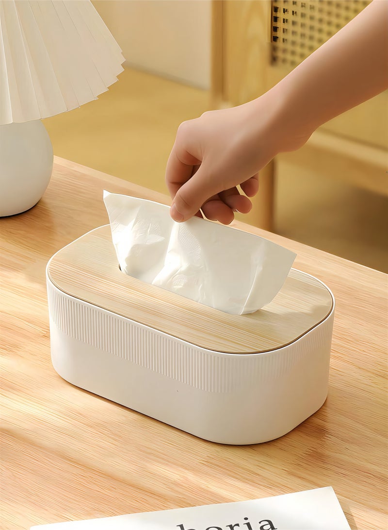 Baytak Tissue Box, Plastic Tissue Box Cover with Wooden Lid, Nordic Style Desktop Napkin Box for Living Room & Bathroom, Square Tissue Dispenser (White & Natural Wood) - Image 3