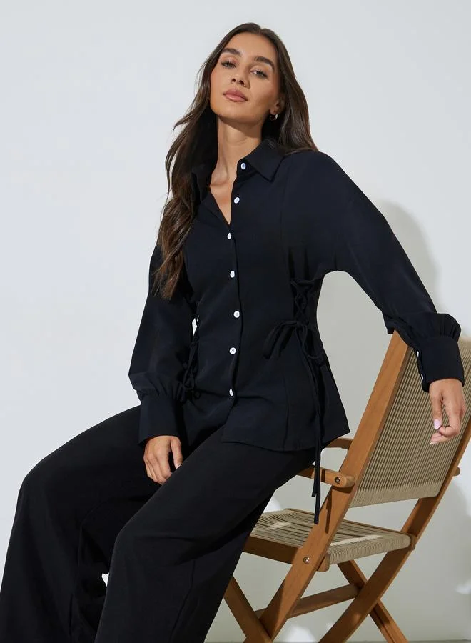 Black Solid Long Sleeves Shirt and Pants Co-Ords