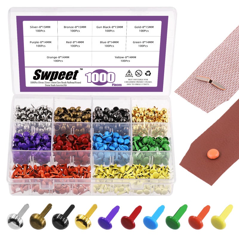 Swpeet 1000Pcs 10 Colors and 2 Typles 8 x 14mm15mm Round and Mushroom Metal Head Paper Fasteners Brads and Plate Bottom Stud Bag Feet Assortment Kit for Scrapbooking and Clothing Shoes Making - Image 2