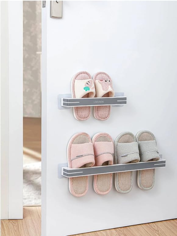 COSKIRA COSKIRA Wall Mounted Plastic Slippers Rack Bathroom Multifunction Adhesive Towel Shelf Storage Rack Towel Hanger 2 Pack Space Saving WallMounted Shoe RackNoDrill InstallationGrey - Image 3
