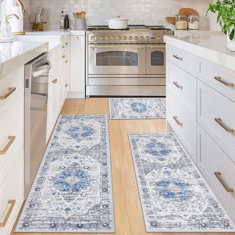 Ileading Boho Kitchen Rugs Sets 3 Piece with Runner Floral Kitchen Floor Mat Carpet Farmhouse Kitchen Rugs and Mats Non Skid Washable Runner Rug for Kitchen Floor Office Sink Laundry Grey Blue