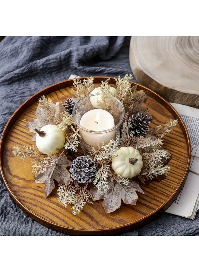 White Artificial Fall Wreath with Pine Cones and Candle Holder for Thanksgiving Table Decor - Image 3