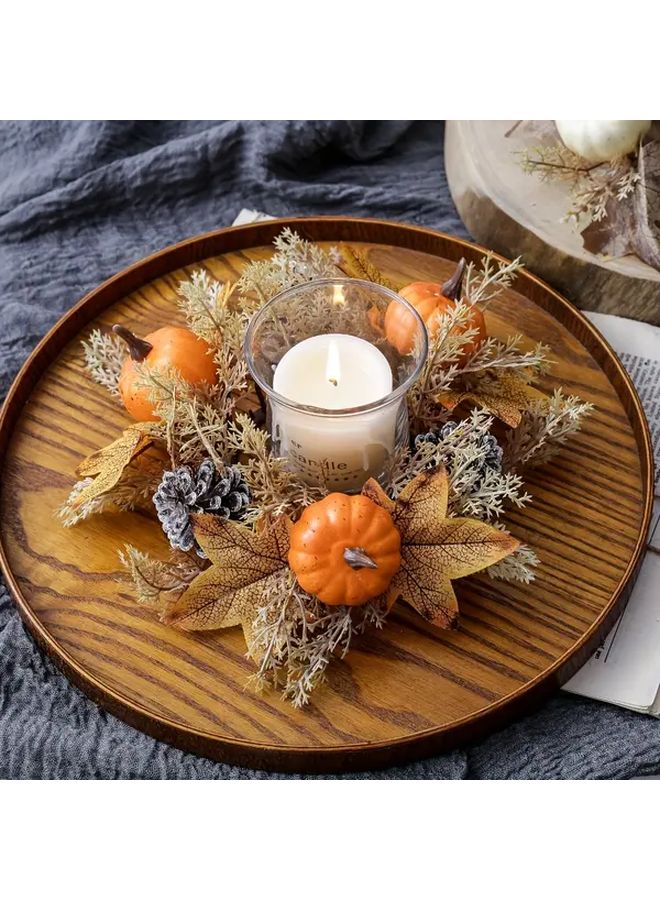 White Artificial Fall Wreath with Pine Cones and Candle Holder for Thanksgiving Table Decor - Image 4