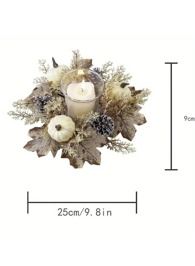 White Artificial Fall Wreath with Pine Cones and Candle Holder for Thanksgiving Table Decor - Image 5