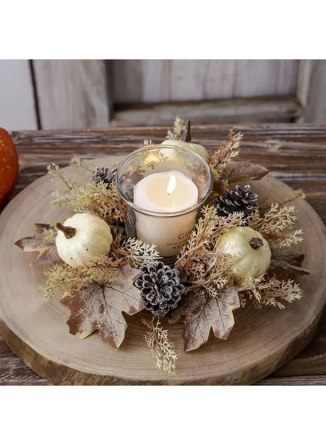 White Artificial Fall Wreath with Pine Cones and Candle Holder for Thanksgiving Table Decor - Image 2