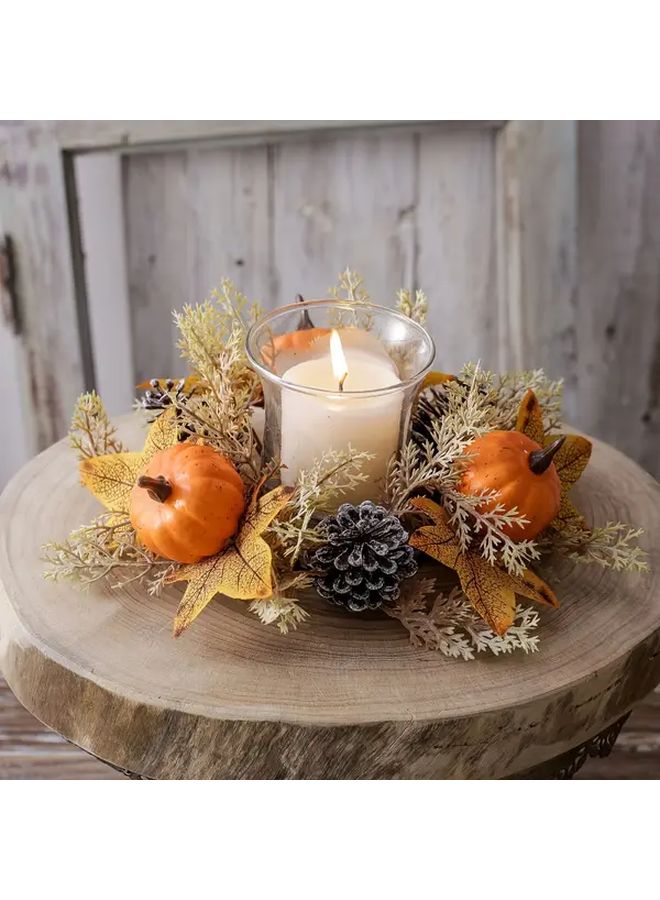 White Artificial Fall Wreath with Pine Cones and Candle Holder for Thanksgiving Table Decor - Image 1