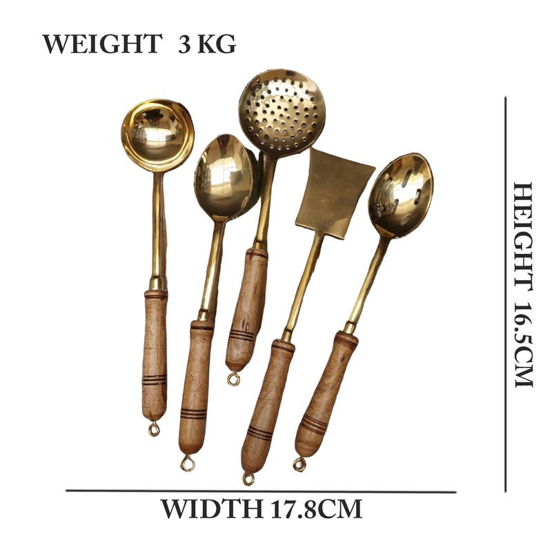MERCHANT ANTIQUES MERCHANT ANTIQUES 100% Pure Brass Serving Spoons Set for Dining | Traditionally Known As Ladles with Wooden Handle for Heat Protection | Chamcha Spoon for Serving Soup/Curry/Dal/Rice/Pasta | Set of 5  - Image 4