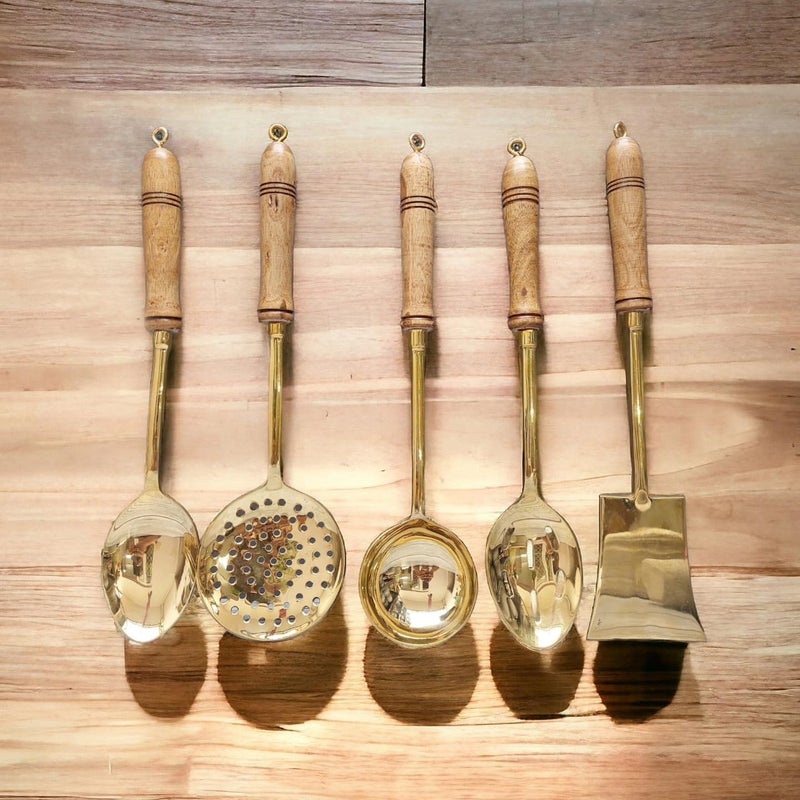 MERCHANT ANTIQUES MERCHANT ANTIQUES 100% Pure Brass Serving Spoons Set for Dining | Traditionally Known As Ladles with Wooden Handle for Heat Protection | Chamcha Spoon for Serving Soup/Curry/Dal/Rice/Pasta | Set of 5  - Image 3