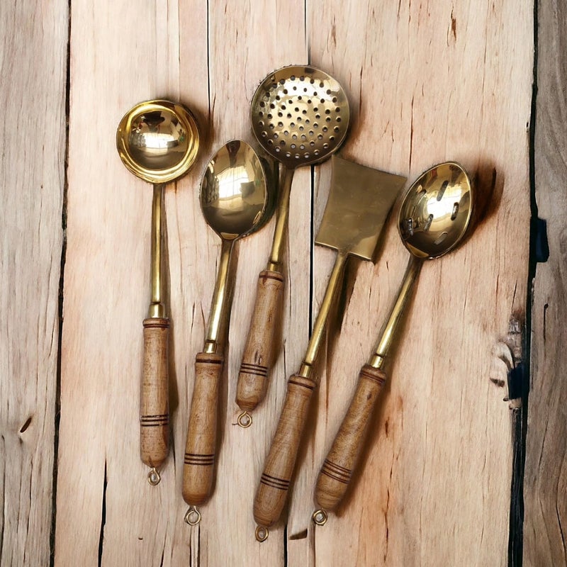MERCHANT ANTIQUES MERCHANT ANTIQUES 100% Pure Brass Serving Spoons Set for Dining | Traditionally Known As Ladles with Wooden Handle for Heat Protection | Chamcha Spoon for Serving Soup/Curry/Dal/Rice/Pasta | Set of 5  - Image 2
