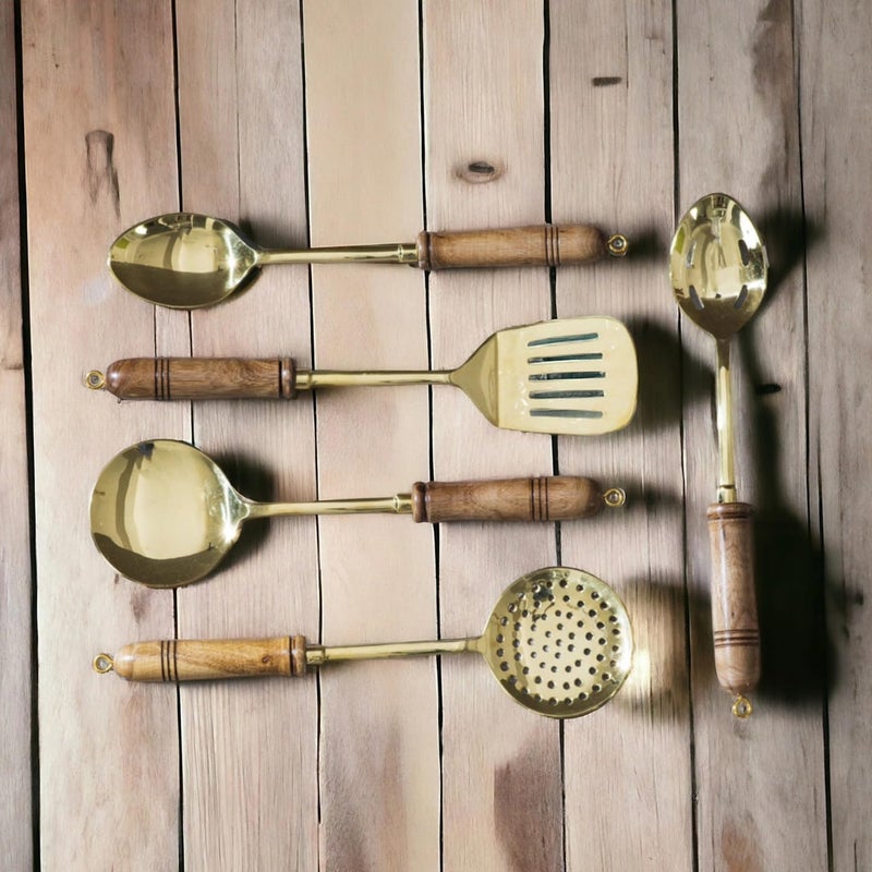 MERCHANT ANTIQUES MERCHANT ANTIQUES 100% Pure Brass Serving Spoons Set for Dining | Traditionally Known As Ladles with Wooden Handle for Heat Protection | Chamcha Spoon for Serving Soup/Curry/Dal/Rice/Pasta | Set of 5  - Image 1