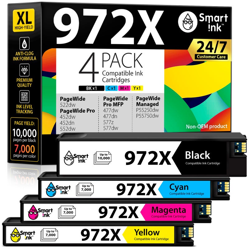 Smart Ink Compatible Ink Cartridges Replacement for HP 972X 972 X 4 Pack Combo to use with PageWide Pro 477dw 577dw 452dw 477dn 452dn 577z 552dw P55250dw Printers Black Cyan Magenta Yellow