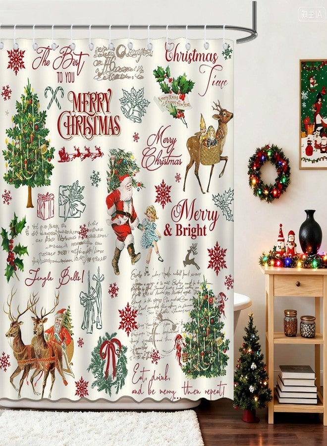 Mocsicka Retro Christmas Shower Curtain Xmas Tree Santa Claus Bathroom Shower Curtain Vintage Christmas Waterproof Fabric Shower Curtains Bathtub Decor with 12 Hooks 72 X 72 Inches - Image 3