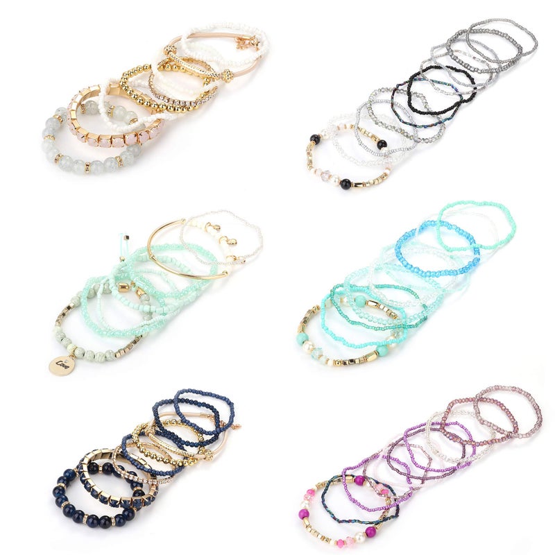 LOYALLOOK 6 Sets Bohemian Stackable Bead Bracelets for Women Stretch Bohemian Style Stretch Multilayered Boho Bracelet Set - Image 5