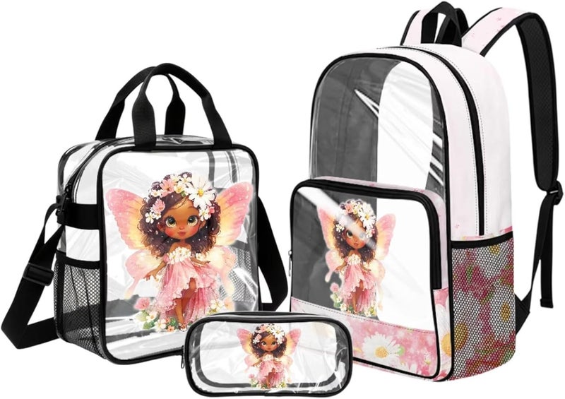 HUIACONG Girls Flower Fairy Clear Backpack Set for 5th and 6th Grade 3 in 1 Set 28L PVC Transparent Schoolbag with Lunch Box and Pencil Case School Approved - Image 1
