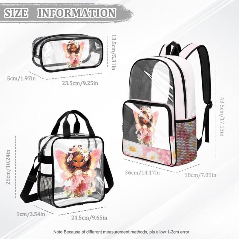 HUIACONG Girls Flower Fairy Clear Backpack Set for 5th and 6th Grade 3 in 1 Set 28L PVC Transparent Schoolbag with Lunch Box and Pencil Case School Approved - Image 2