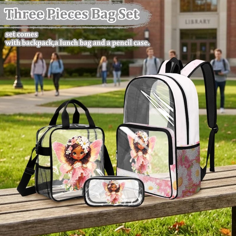 HUIACONG Girls Flower Fairy Clear Backpack Set for 5th and 6th Grade 3 in 1 Set 28L PVC Transparent Schoolbag with Lunch Box and Pencil Case School Approved - Image 3