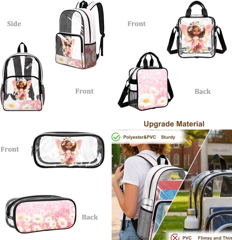 HUIACONG Girls Flower Fairy Clear Backpack Set for 5th and 6th Grade 3 in 1 Set 28L PVC Transparent Schoolbag with Lunch Box and Pencil Case School Approved - Image 5