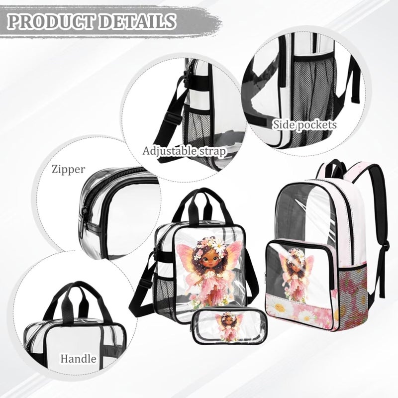 HUIACONG Girls Flower Fairy Clear Backpack Set for 5th and 6th Grade 3 in 1 Set 28L PVC Transparent Schoolbag with Lunch Box and Pencil Case School Approved - Image 4
