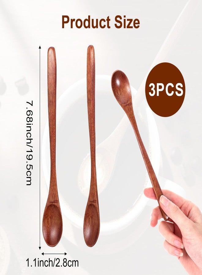 Bremorou 3 PCS Long Handle Wooden Spoon Set - Wooden Honey, Coffee & Tea Spoons Honey Jam Spoon Tablespoon Utensils for Cooking Mixing Stirring Soda Coffee Home Table Spoons 7.68 Inch Brown - Image 2