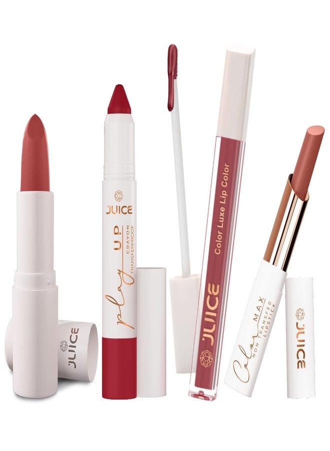 Juice Long Lasting, 4pc Lipstick Combo Set For Women(Chocoholic-M20 Bullet Lipstick, Red-y Set Go-MCR08 Play up Lip Crayon, Pink Desire-M01 Liquid Lipstick, Muted Whisper-M20 Slim Stick) - Image 1