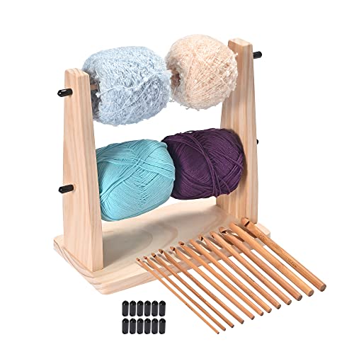 Sparkle Race Wooden Yarn Holder, Double Revolving Storage for Knitting & Crochet Supplies, Horizontal Wood Ball Holder With 12 Bamboo Hooks - Image 3