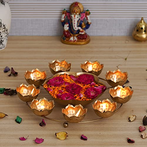 Webelkart Premium 9 Lotus Diya Shape urli Bowl for Home and Pooja Decorations| Urli tealight Candle Holder for Home and Office Decor| Lotus Urli Bowls (12 Inches,Gold)- Diwali Candle Holder - Image 1