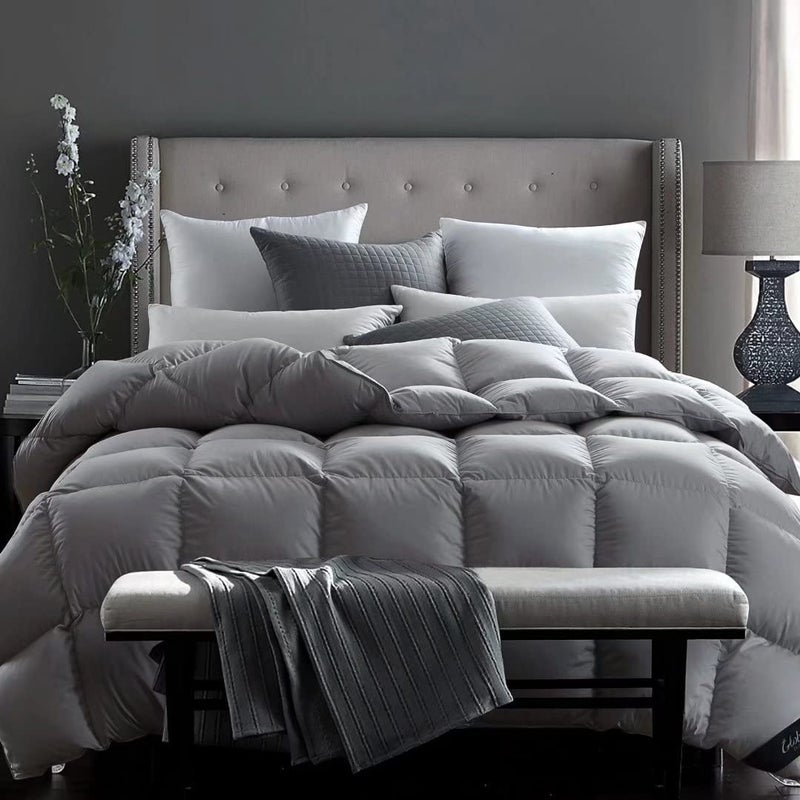 Globon Fusion White Goose Down Comforter Queen Size Heavy Weight Duvet Insert for Winter 50 Ounce All Cotton Shellwith Corner Tabs Winter Grey