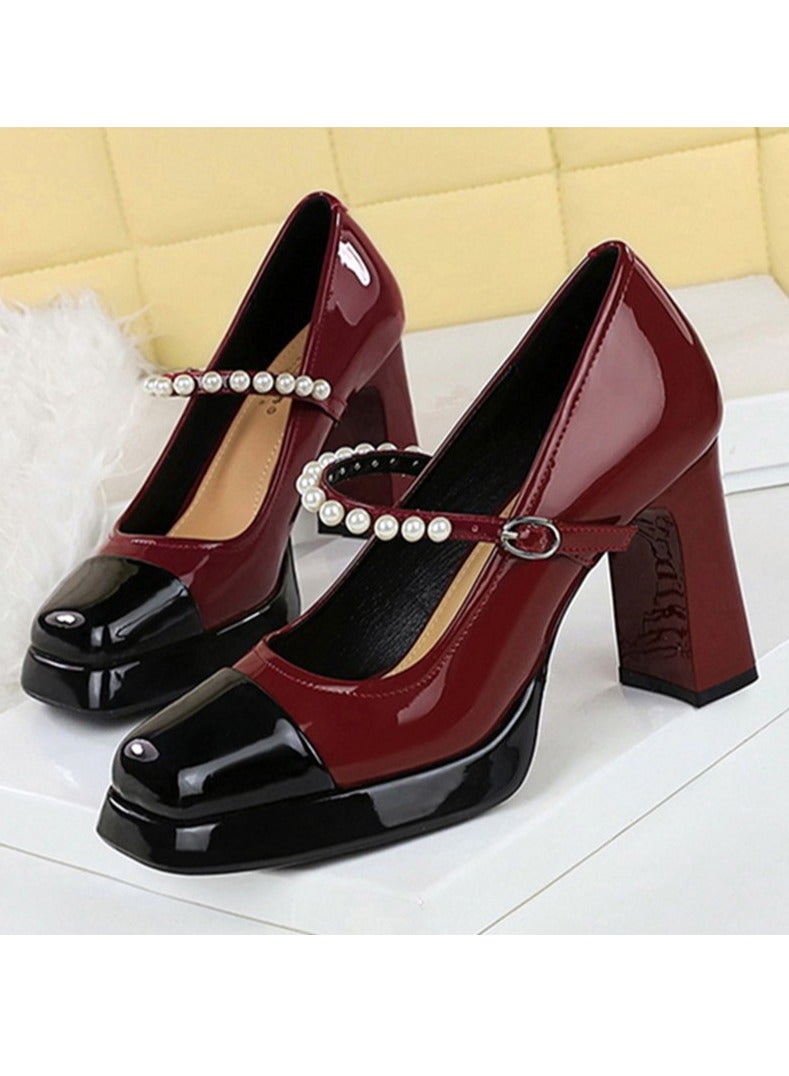 BIGTREE Mary Jane Shoes Chunky High Heels Closed Pointed Toe Beaded Ankle Strap Shoes Wine Red/Black - Image 1