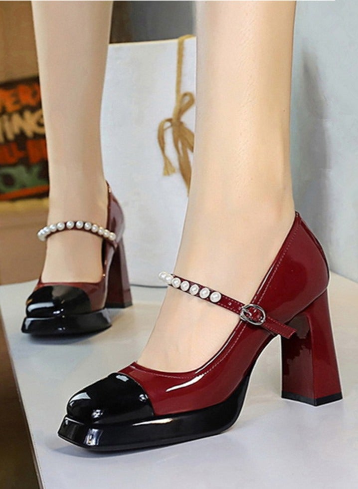 BIGTREE Mary Jane Shoes Chunky High Heels Closed Pointed Toe Beaded Ankle Strap Shoes Wine Red/Black - Image 3