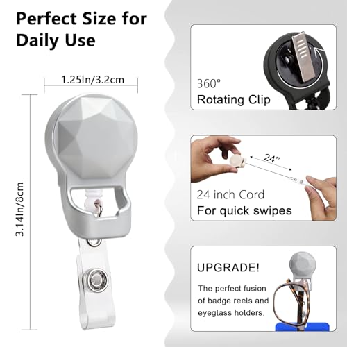 HKNR 3 Pack 2-in-1 Retractable Badge Reel with Eyeglass Holder Diamond Design Multipurpose ID Name Tag Clip Value Set with Alligator Clip & 24" Cord for Nurses, Teachers, Office (Black-Beige-Silver) - Image 2