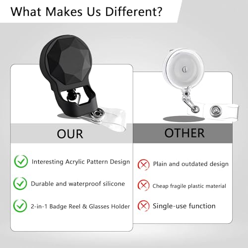 HKNR 3 Pack 2-in-1 Retractable Badge Reel with Eyeglass Holder Diamond Design Multipurpose ID Name Tag Clip Value Set with Alligator Clip & 24" Cord for Nurses, Teachers, Office (Black-Beige-Silver) - Image 3