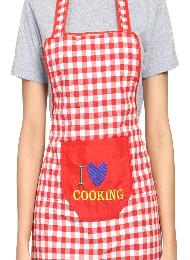 Whitewrap Cotton Fabric Check Design Aprons With Matching Chef Cap For Women Kitchen Waterproof, Chef Cooking Kitchen Aprons with Pockets for Men And Women (FREE, RED, 2) - Image 2